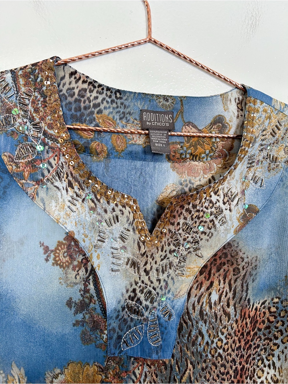 Chico’s Sheer Blue Printed Beaded V-Neck Blouse - Picture 3 of 6